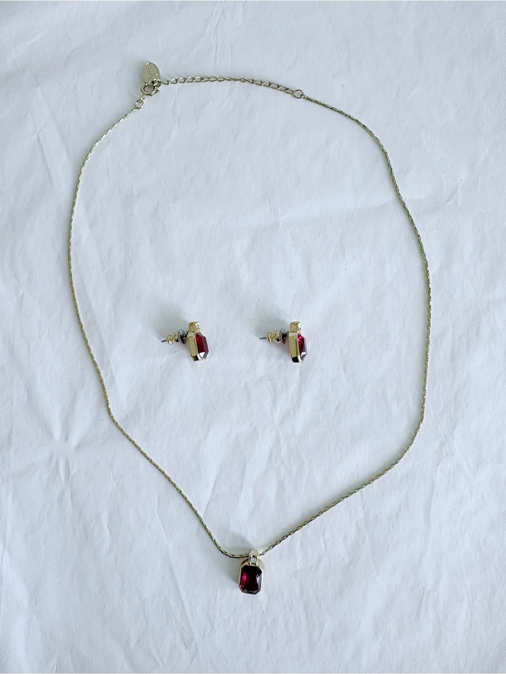 Vintage Vendome signed gold tone red stones necklace and earrings set